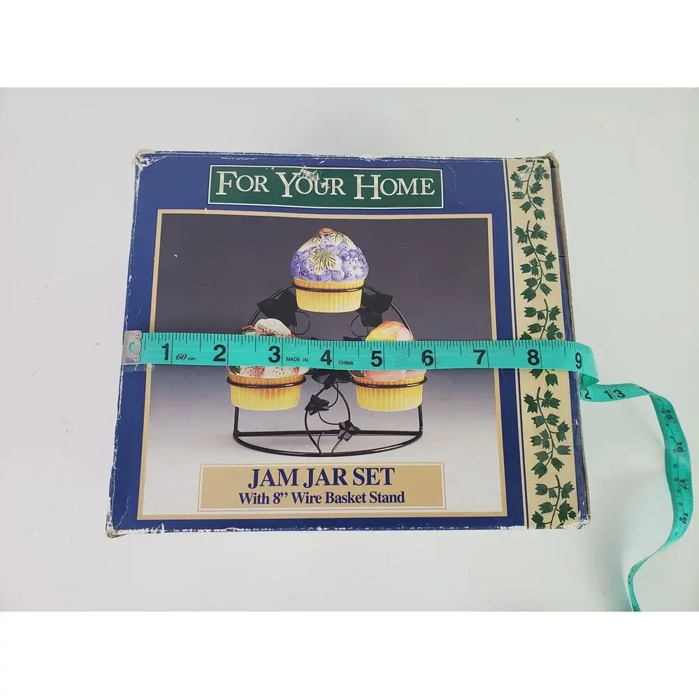 Vintage Jam Jelly Jars Condiment Set Green Wire & Ivy Basket Stand